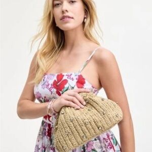 On 34th Crochet Small Woven Clutch Crossbody with Rhinestones Natural Straw